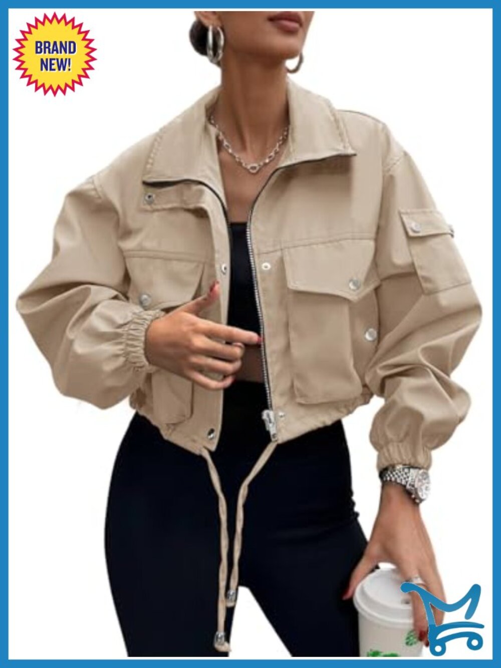 Cropped Bomber Jacket Zip Up Lightweight Utility Anorak Coat Pockets